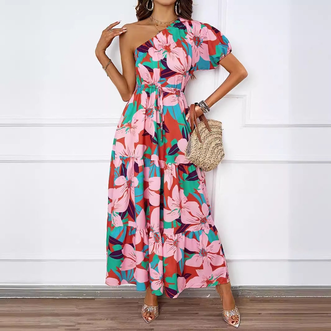Damen Maxikleid mit asymmetrischem Träger und Rüschendetails Sovae