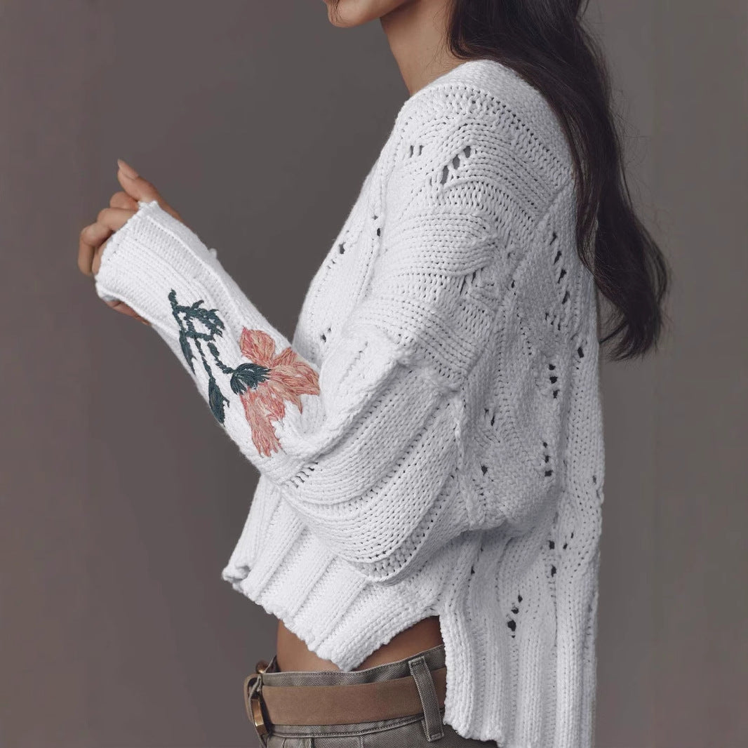 Damen Strickpullover mit floralem Design und V-Ausschnitt Sovae
