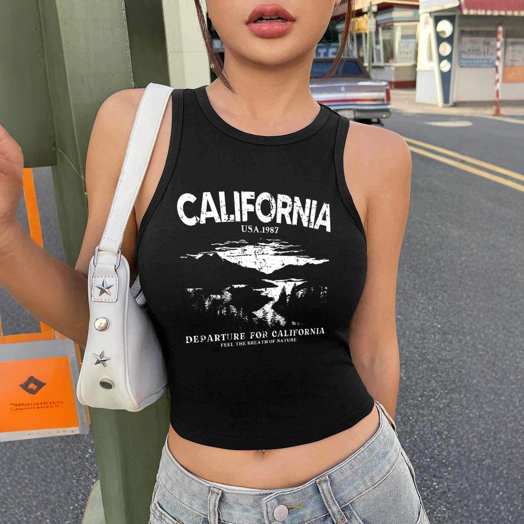 Damen Trendiges ärmelloses Crop-Top mit kalifornischem Druck Sovae