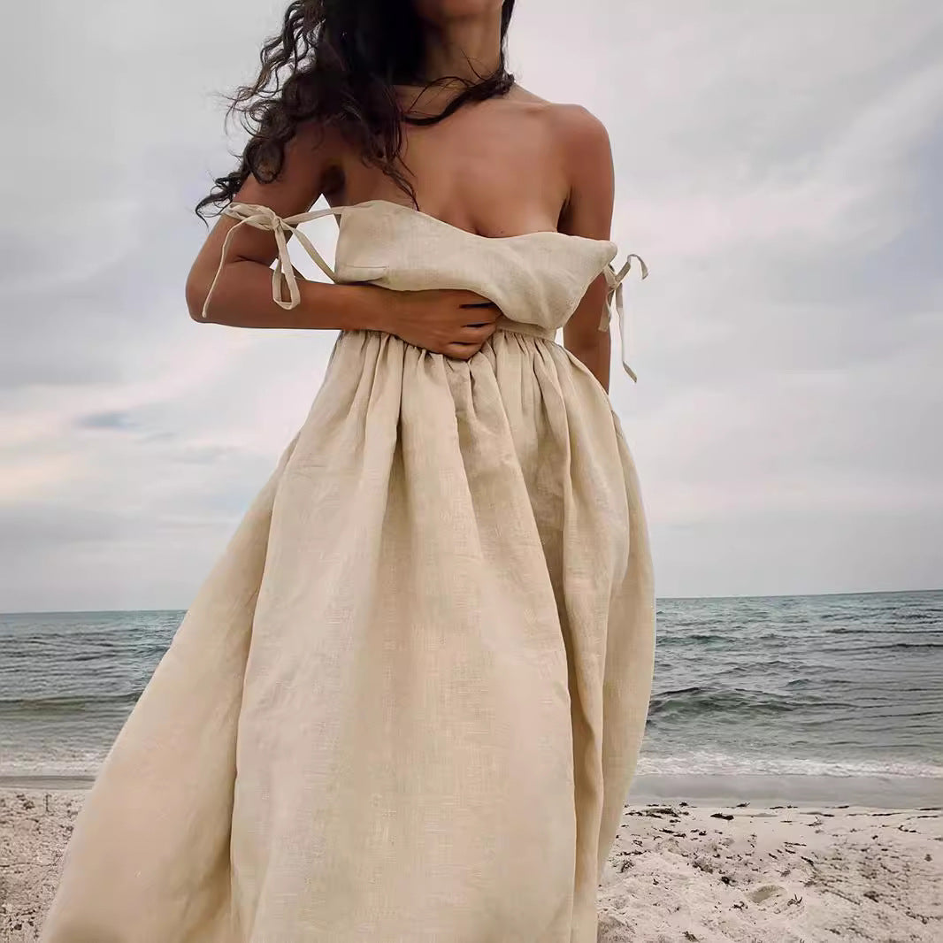 Damen Leinen Maxikleid mit verstellbaren Trägern und elegantem Schnitt Sovae
