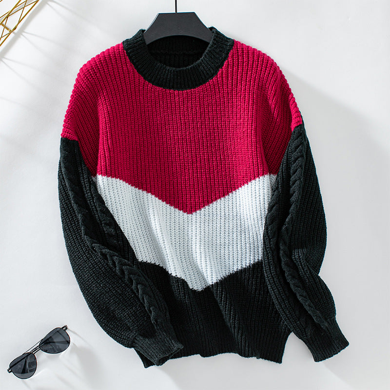 Damen modischer Strickpullover mit raffinierten Zopfmuster-Ärmeln und Kontrastfarben Sovae