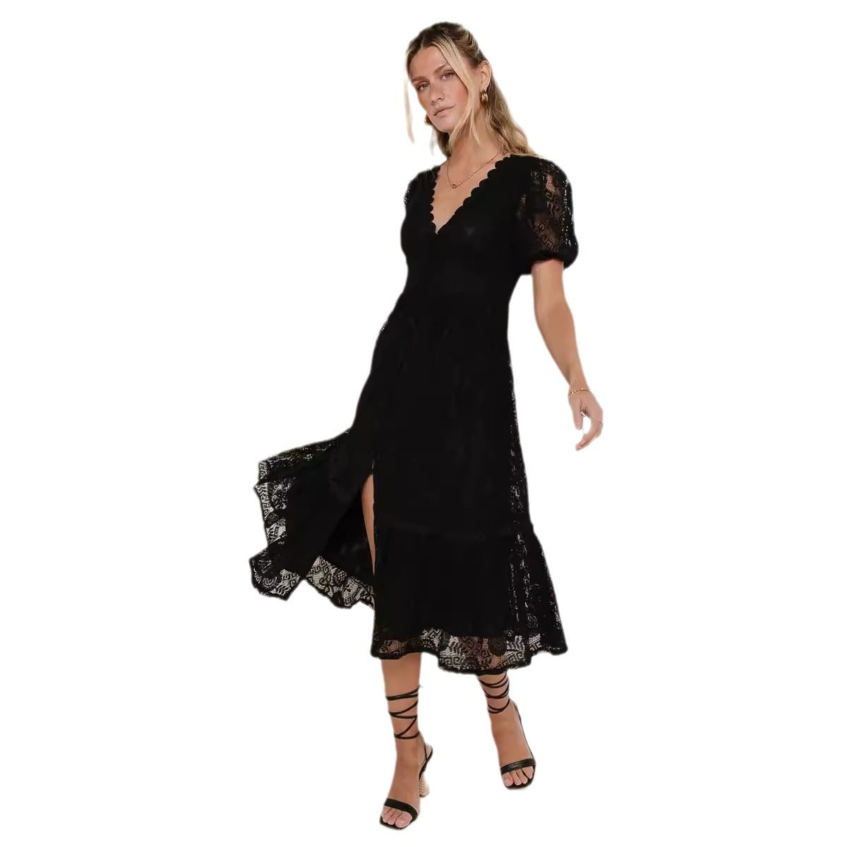 Damen Maxikleid mit zarten Spitzenapplikationen und voluminösen Ärmeln Sovae