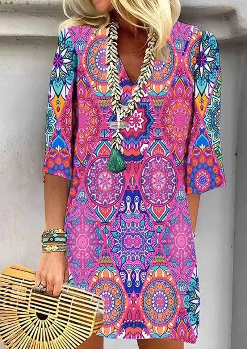 Damen modisches Kurzarmkleid mit buntem geometrischen Muster Sovae