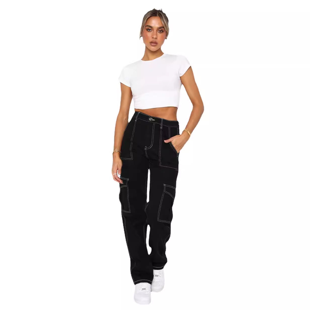 Damen lässige Cargo-Jeans mit tiefen Taschen und weitem Bein Sovae