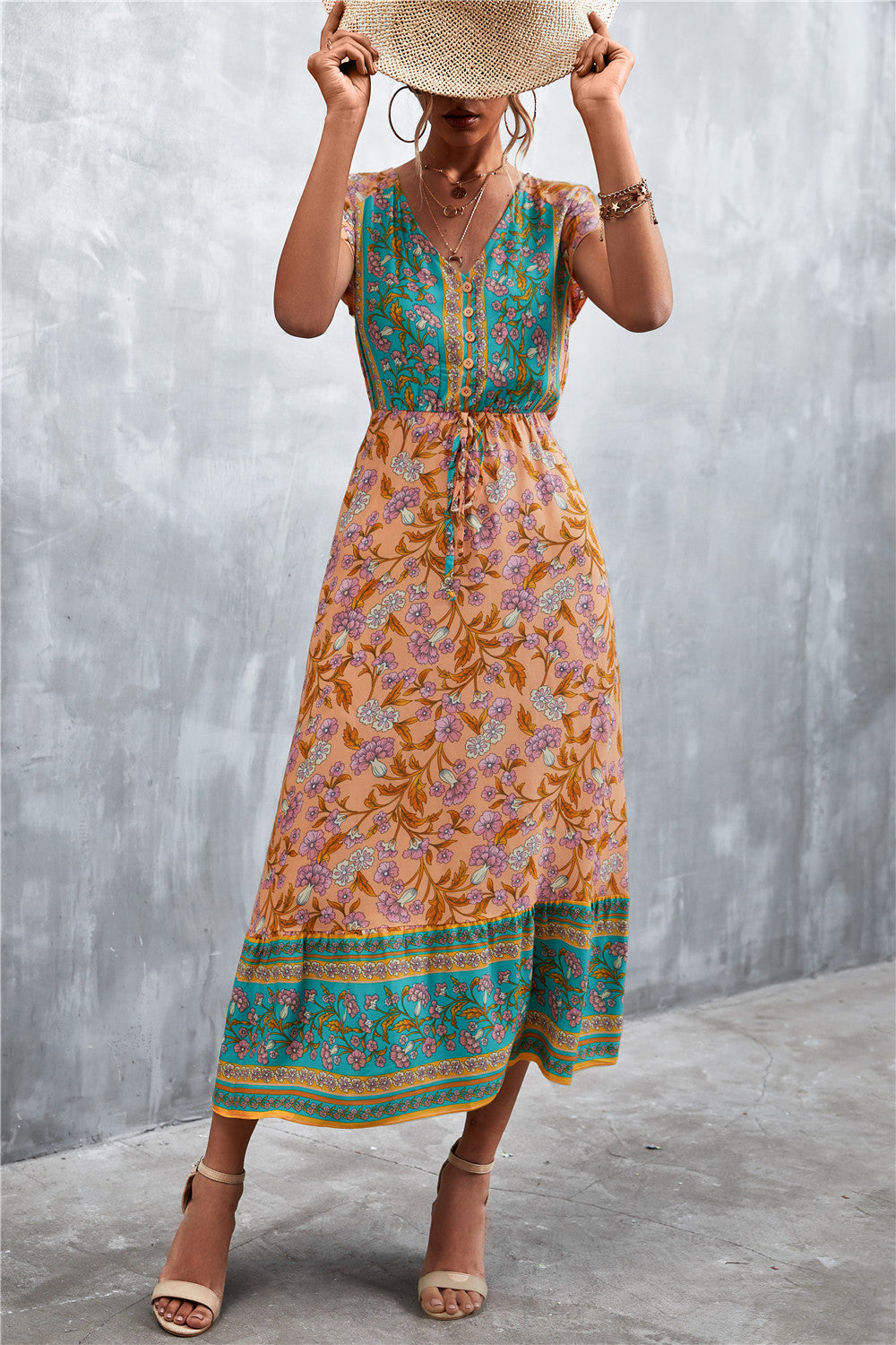 Damen Boho Maxikleid mit floralem Muster und elastischem Taillenzug Sovae