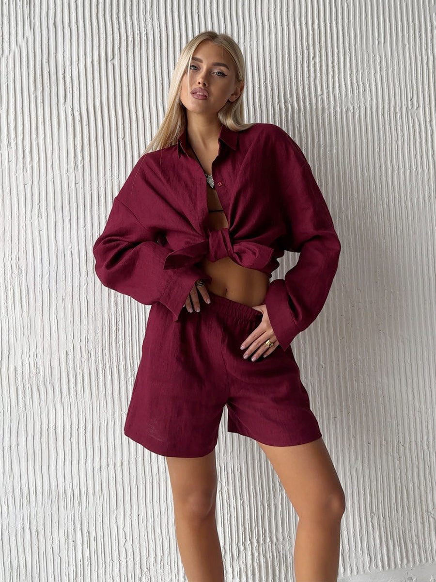 Damen lässige Leinenbluse und Shorts Set Sovae