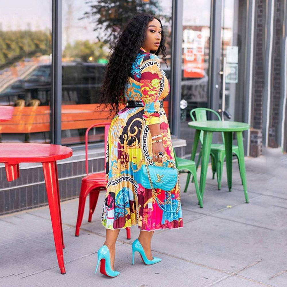 Damen Glamouröses Maxi-Kleid mit buntem Print und Taillengürtel Sovae