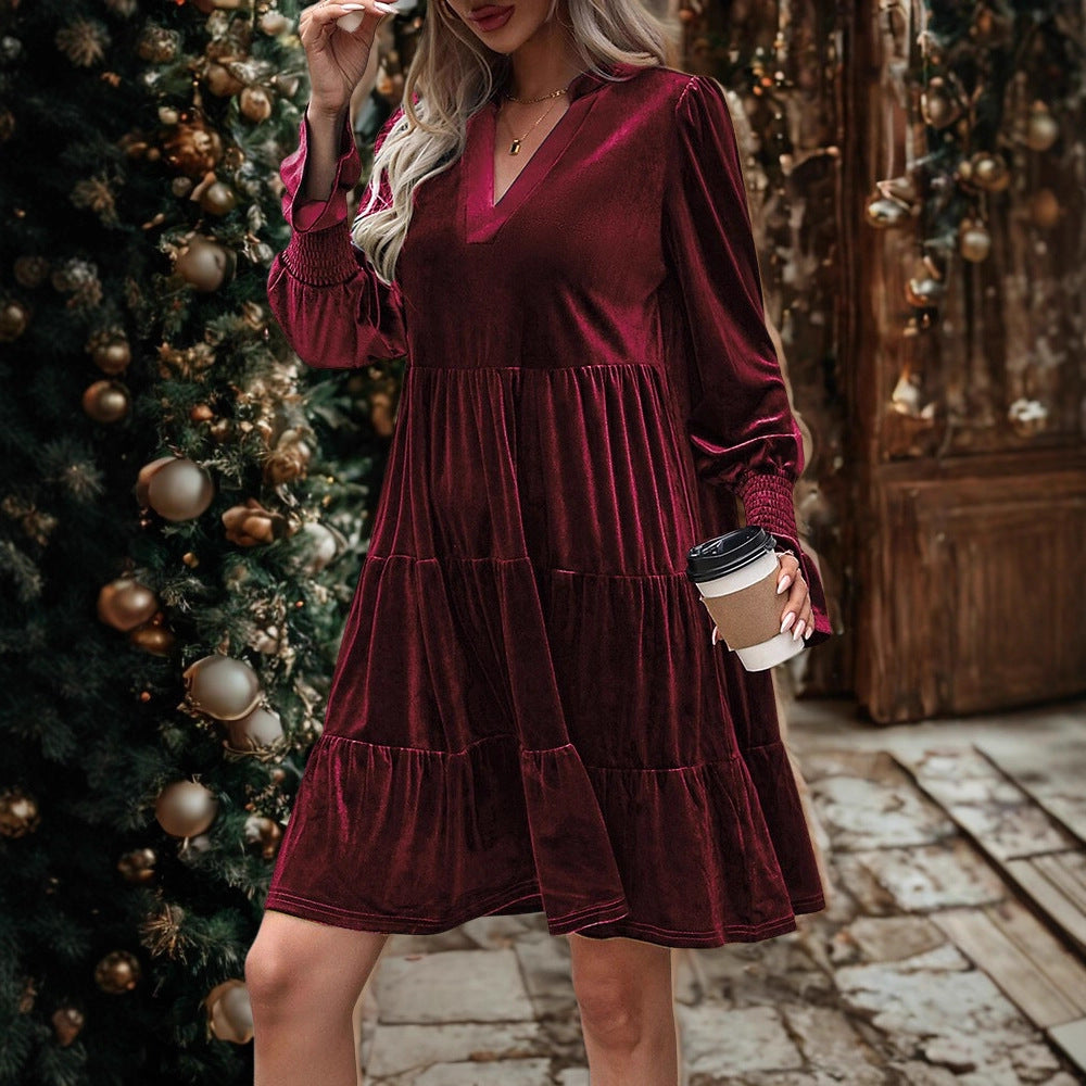 Damen Midikleid mit voluminösen Puffärmeln und V-Ausschnitt Sovae