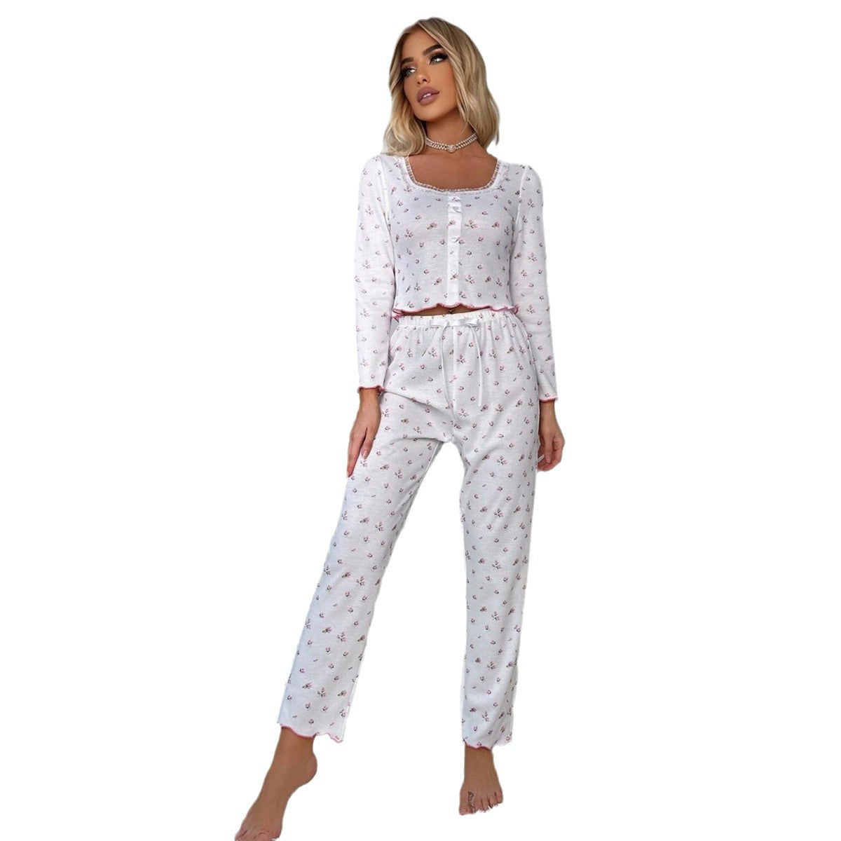 Damen Pyjama-Set aus atmungsaktivem Waffle-Stoff mit zarten Blumenapplikationen Sovae