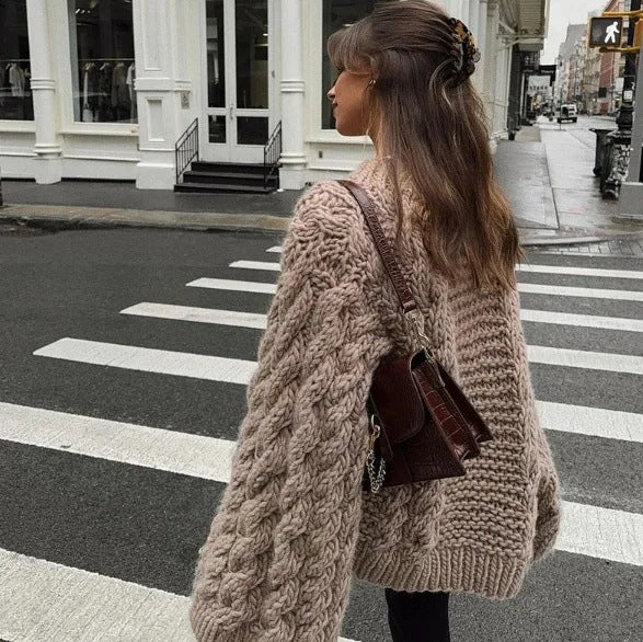Damen kuscheliger Strickpullover mit Zopfmuster und weitem Schnitt Sovae