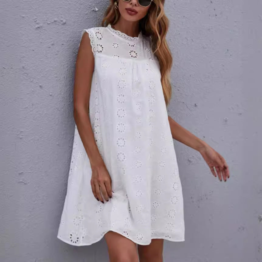 Damen Besticktes Lochmuster Tunika Kleid Sovae