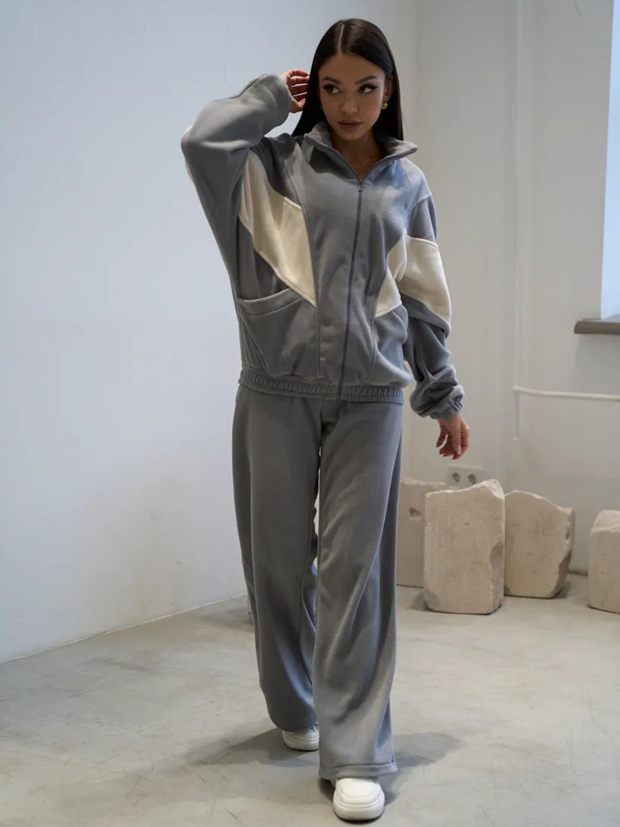 Damen sportliches Fleece-Set mit hochgeschlossenem Kragen und weiten Hosen Sovae