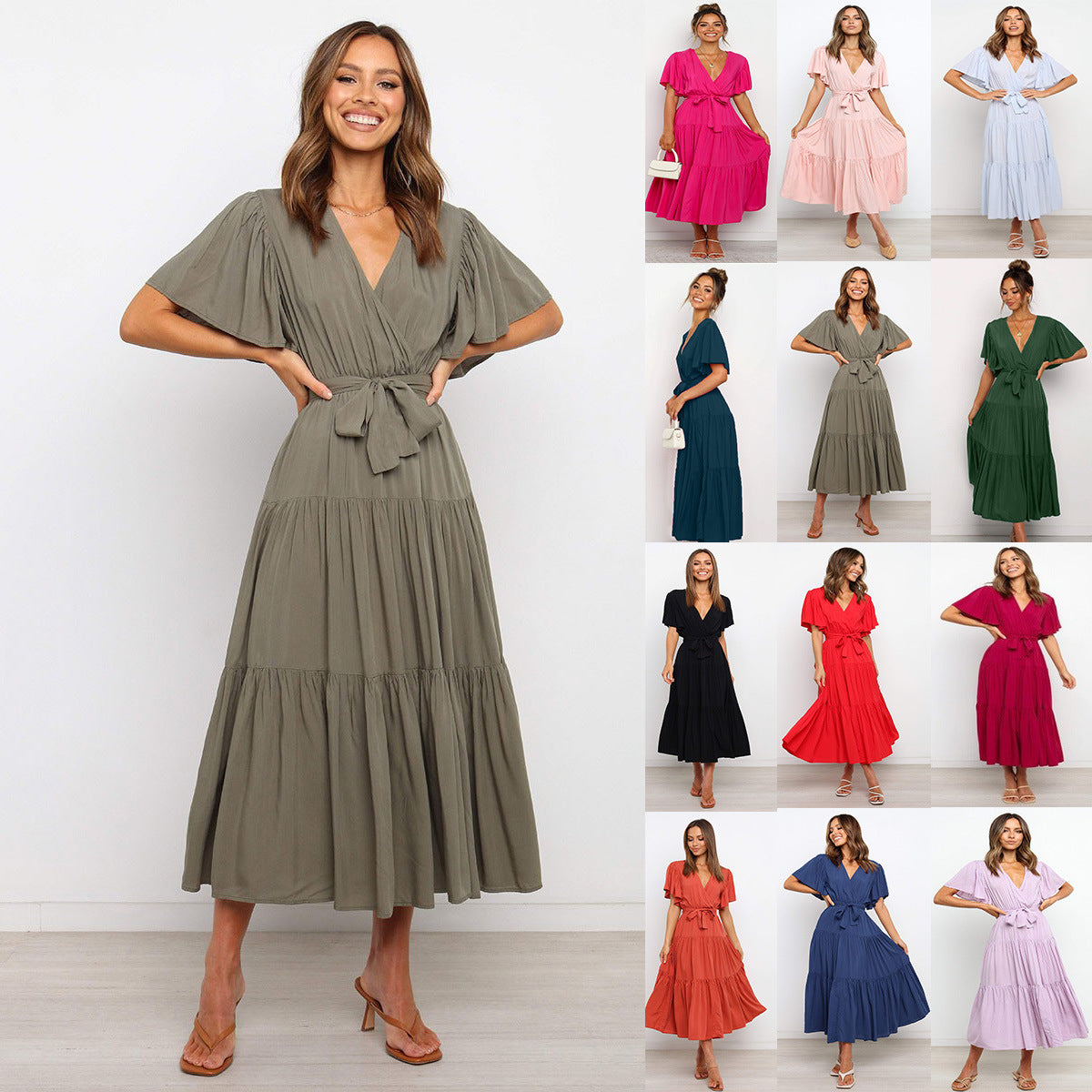 Damen Fließendes Maxi-Kleid mit Wickelbindung und Schmetterlingsärmeln Sovae