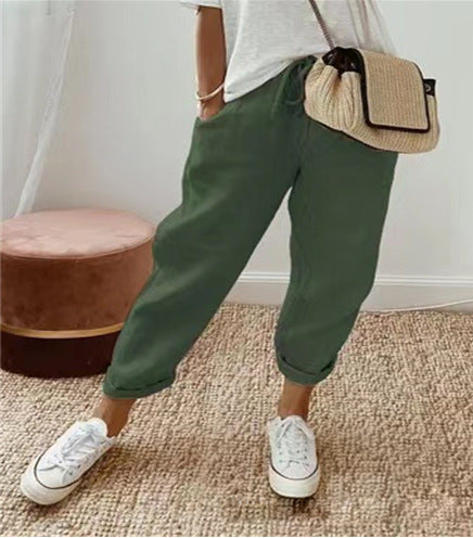 Damen bequeme Leinenhose mit elastischem Bund Sovae