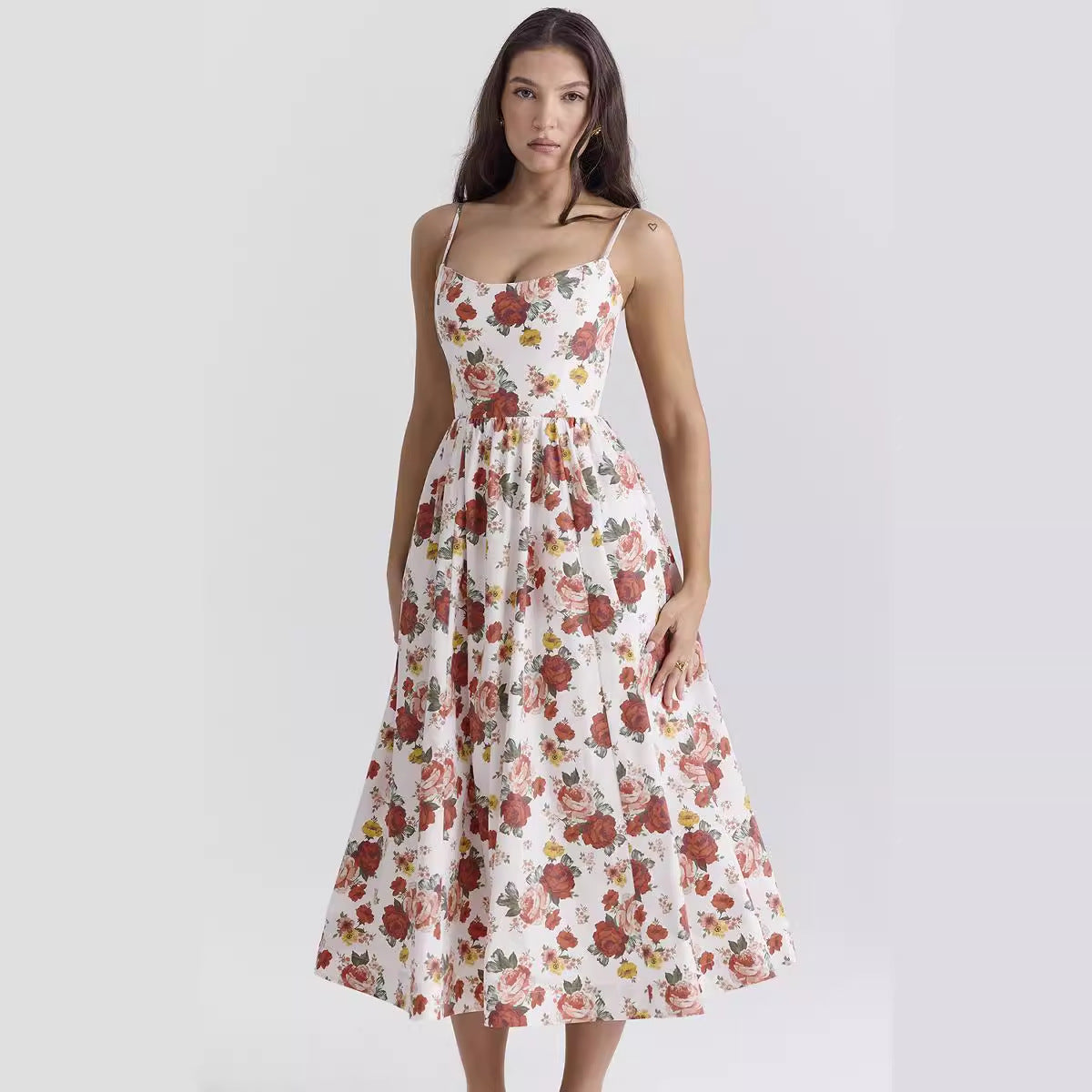 Damen blumiges Midi-Kleid mit Spaghettiträgern und voluminösem Rock Sovae