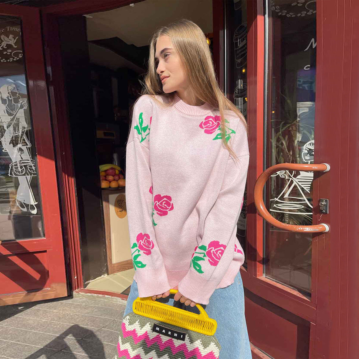 Damen weicher Strickpullover mit floralem Design Sovae