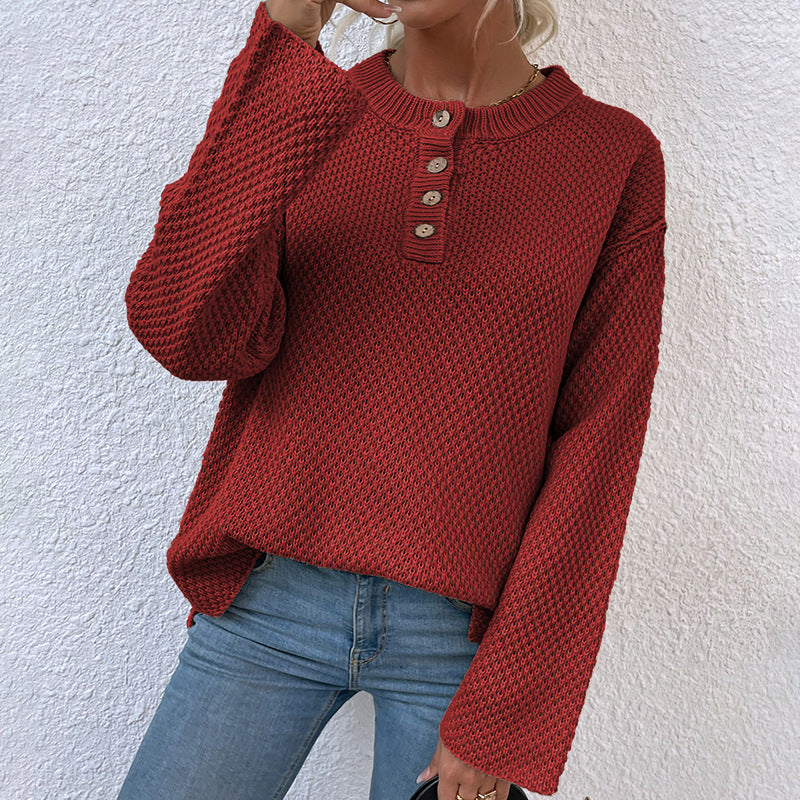 Damen gemütlicher Strickpullover mit Knopfleiste und breiten Ärmeln Sovae