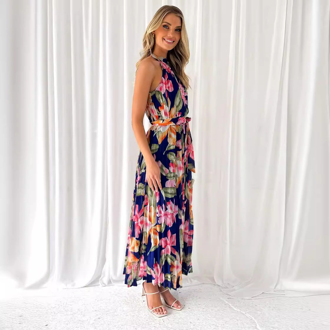 Damen florales Maxikleid mit halbem Kragen und Taillengürtel Sovae