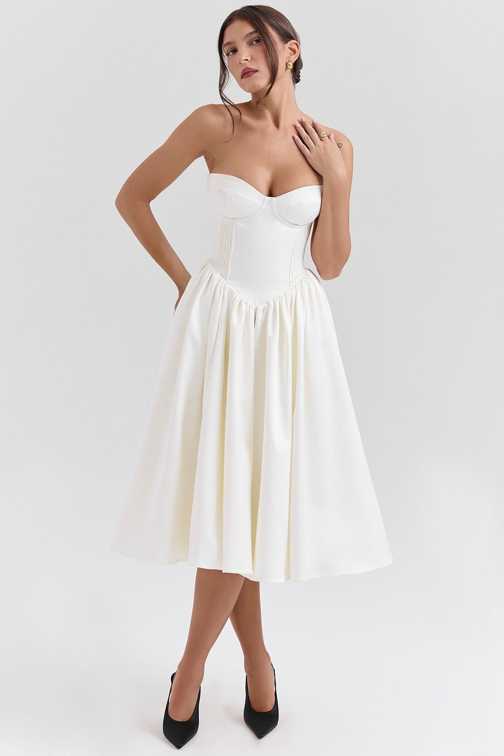 Damen elegantes Midikleid mit herzförmigem Ausschnitt und floralem Muster Sovae