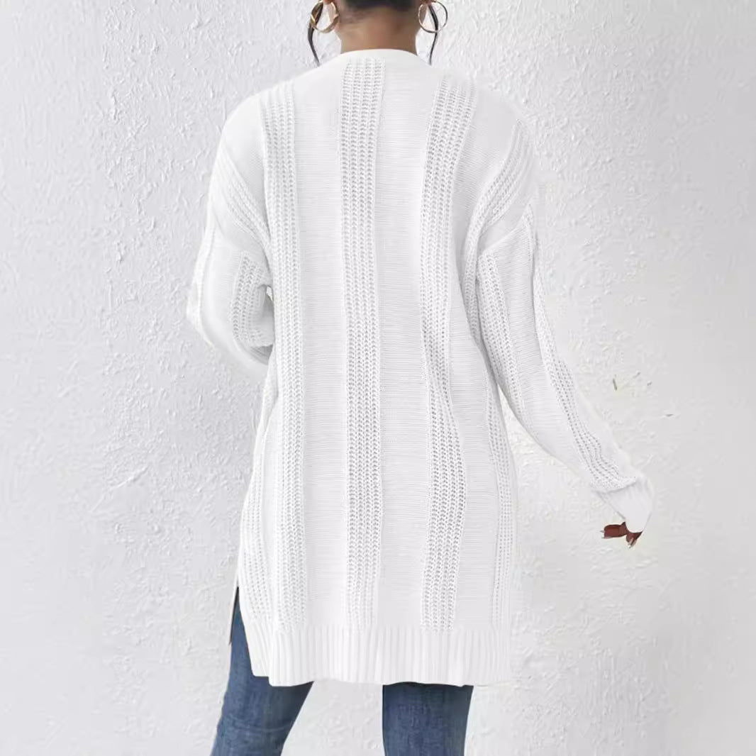Damen lässiger Strickcardigan mit offenen Maschen und praktischen Taschen Sovae