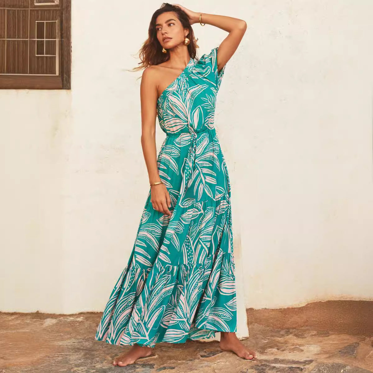 Damen Maxikleid mit asymmetrischem Träger und mehrlagigem Volant Sovae
