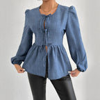 Damen Bluse mit geraffter Taille und ballonförmigen Ärmeln Sovae