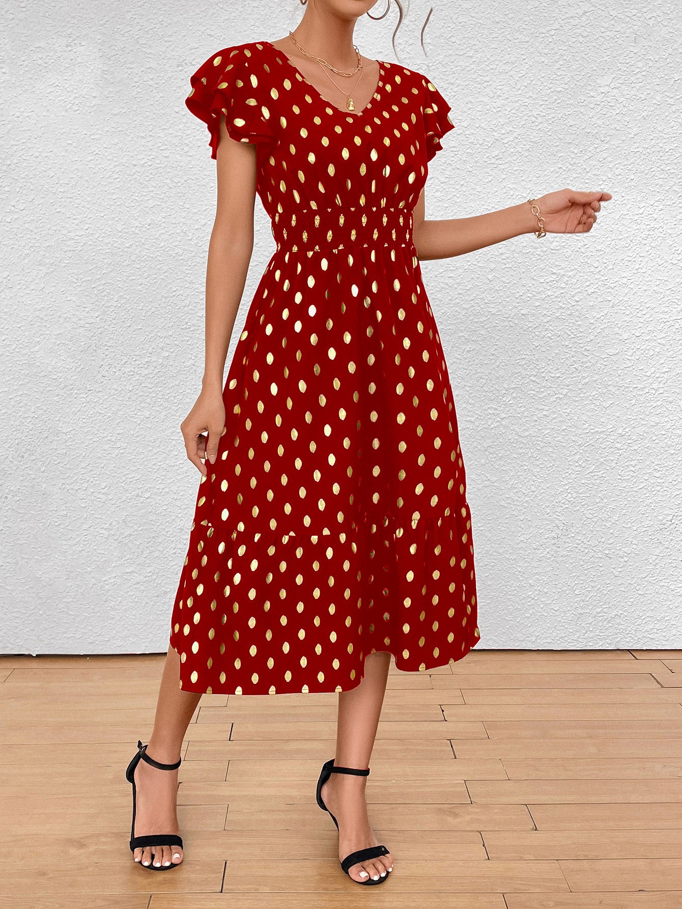 Damen Midikleid mit Rüschendetails und goldenen Punkten Sovae