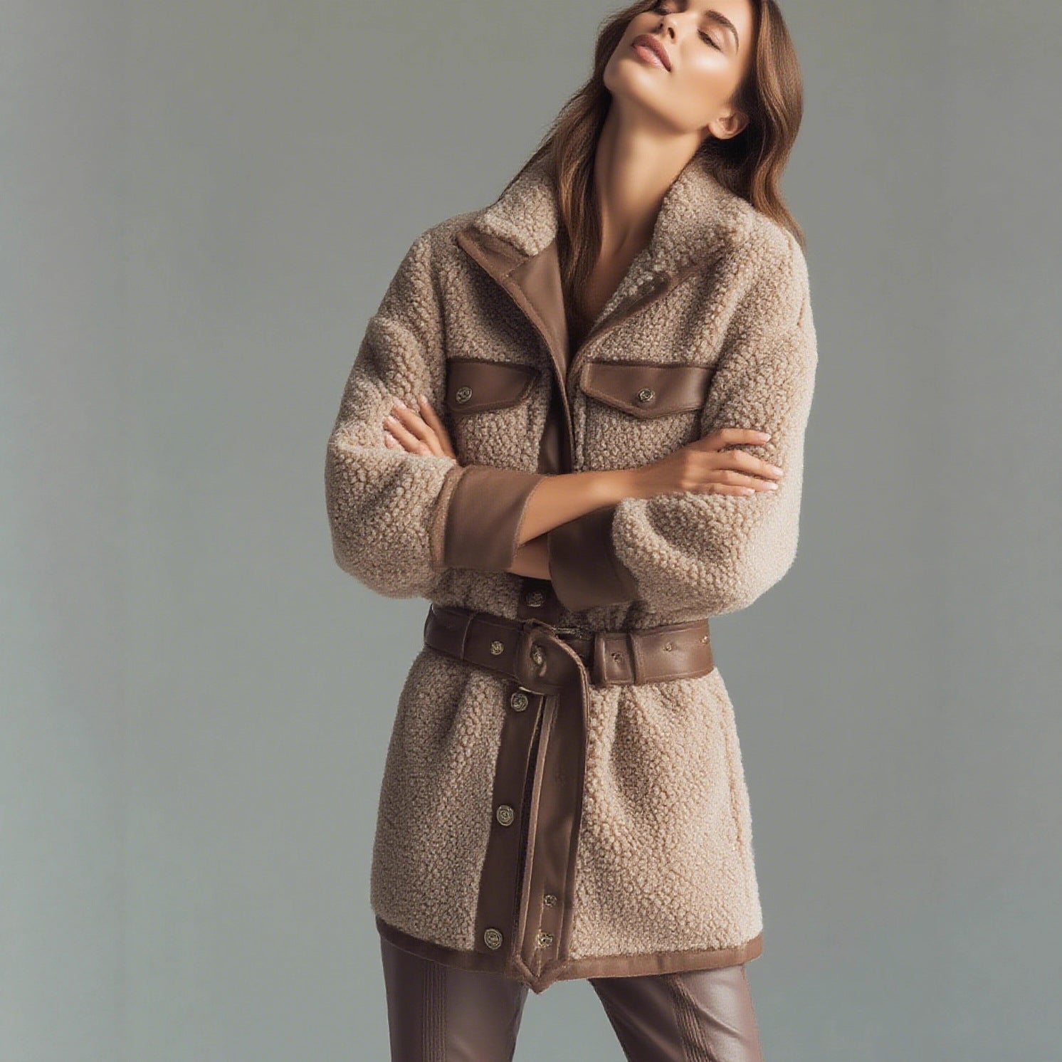 Damen Teddyjacke mit Lederdetails und taillierbarem Gürtel Sovae