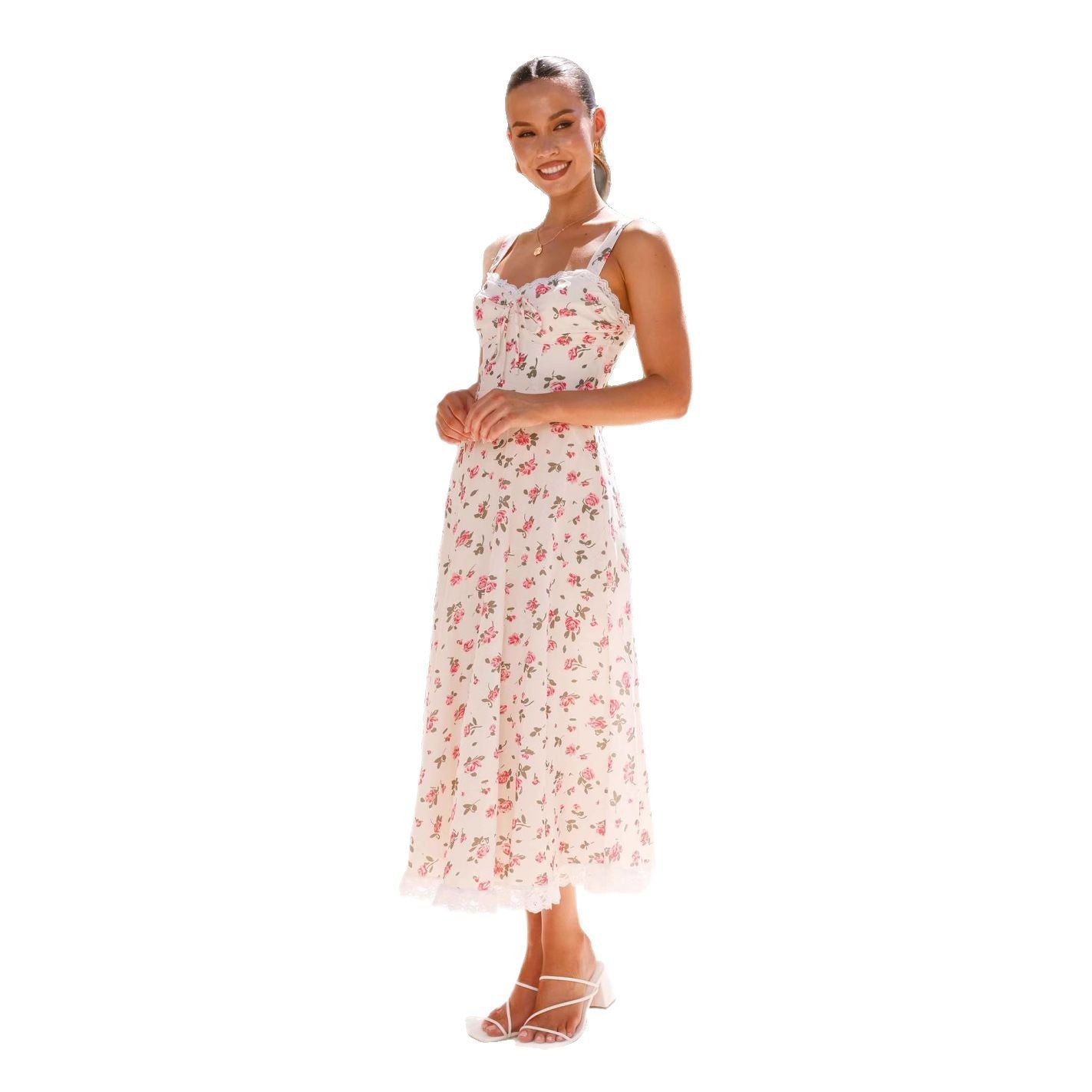 Damen Maxikleid mit romantischem Blumendruck und Rüschendetails Sovae