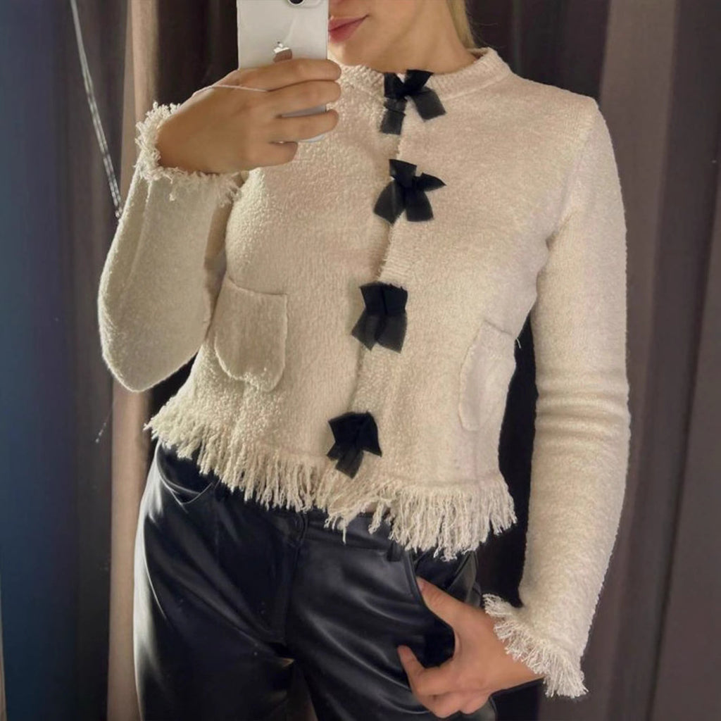 Damen elegante Strickjacke mit dekorativen Schleifen und Fransen Sovae