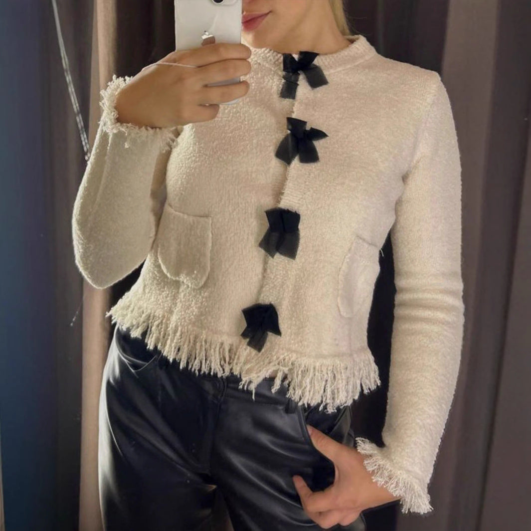 Damen elegante Strickjacke mit dekorativen Schleifen und Fransen Sovae
