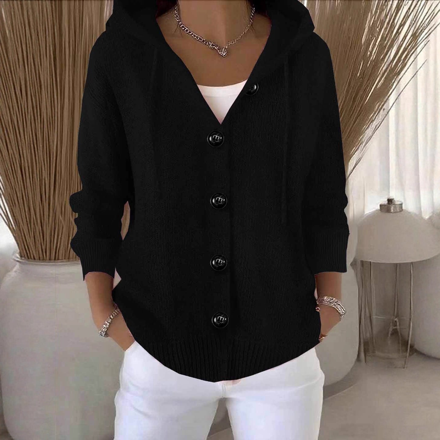 Damen lässige Strickjacke mit Kapuze und großen Knöpfen Sovae