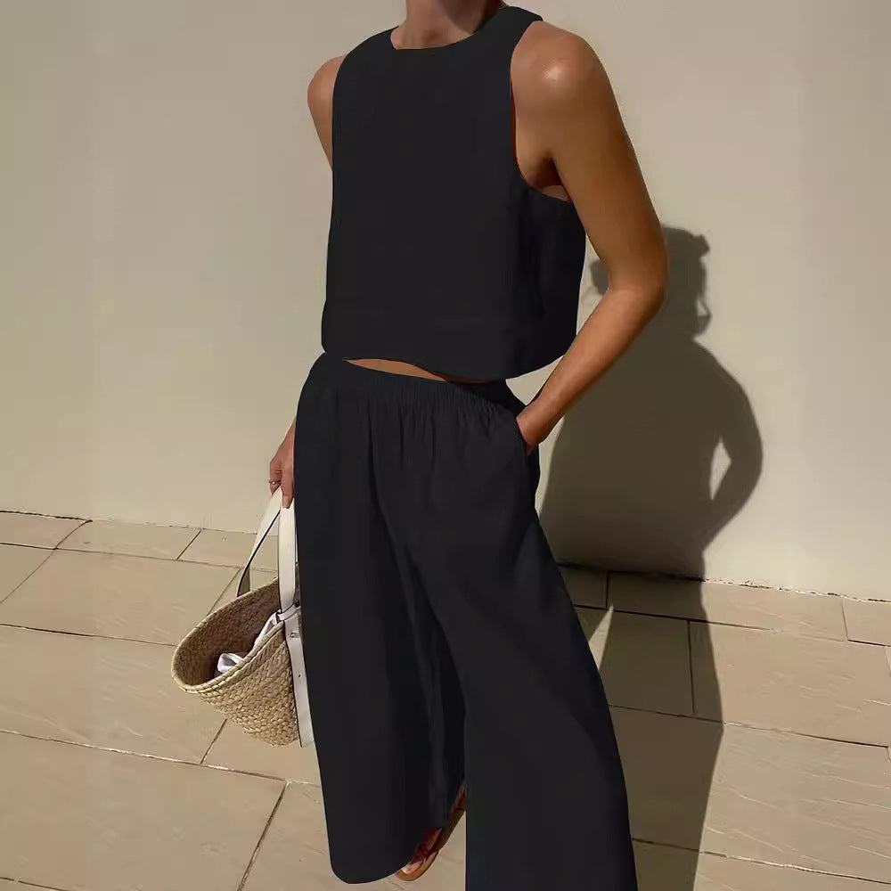 Damen luftiges und modernes Leinen-Set mit Cropped Top und weitem Hose Sovae