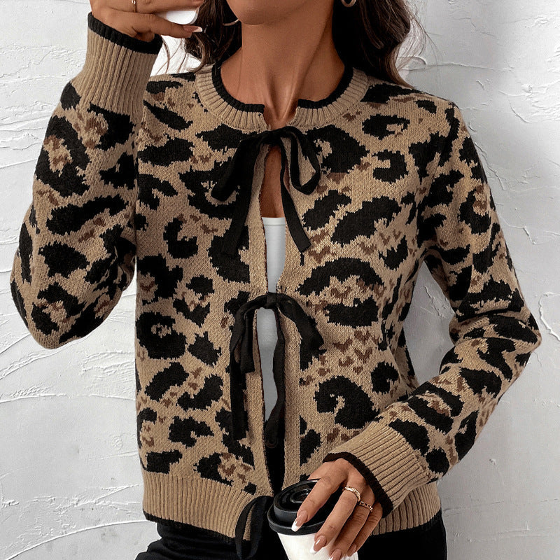 Damen Leo-Muster Strickjacke mit Bändern Sovae