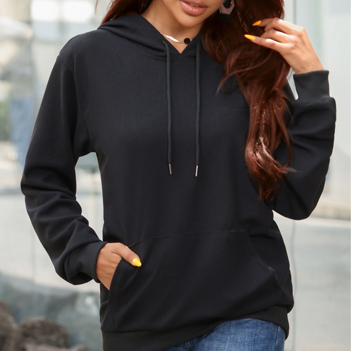 Damen lässiger Kapuzenpullover mit seitlichen Taschen Sovae