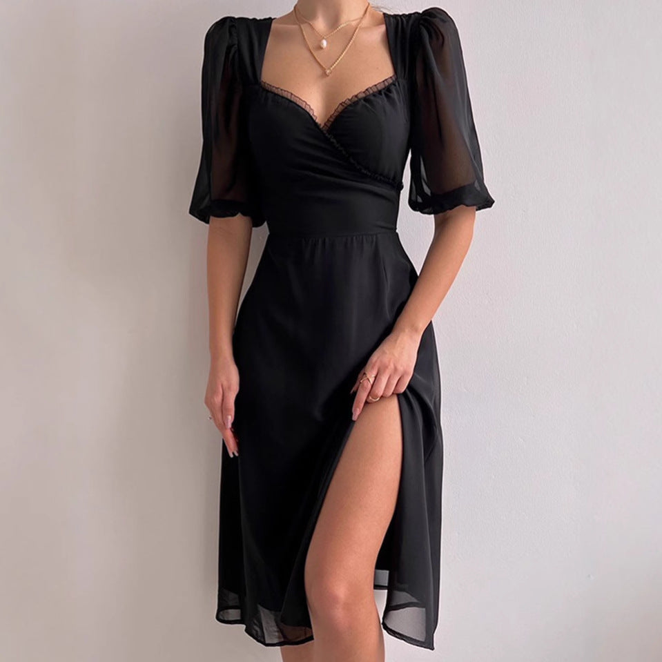 Damen Elegantes Maxikleid mit Puffärmeln und tiefem Schlitz Sovae