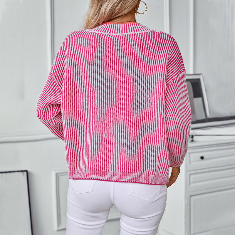 Damen Strickpullover mit V-Ausschnitt und gestreiftem Design Sovae