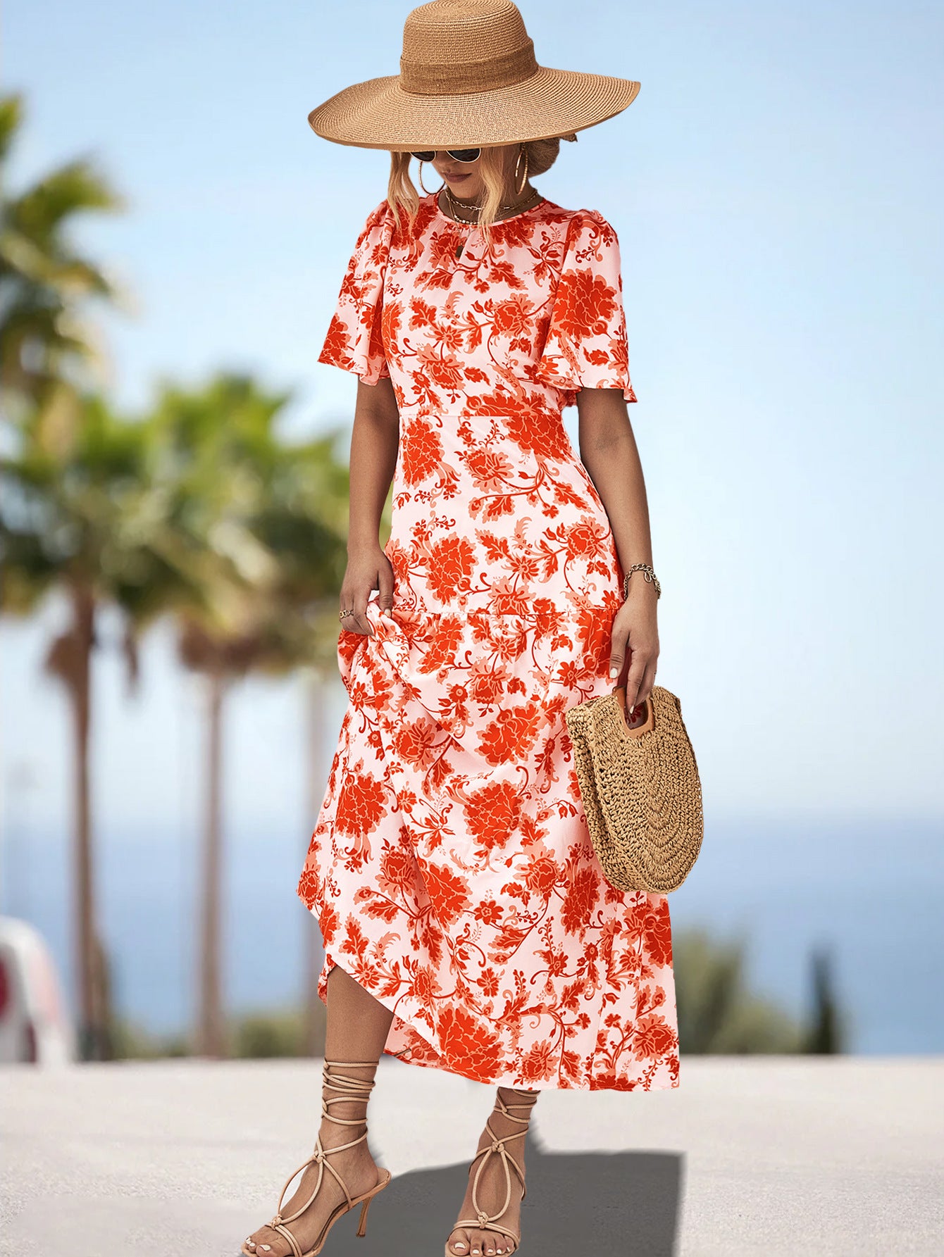 Damen Maxikleid mit floralem Print und eleganter Raffung Sovae