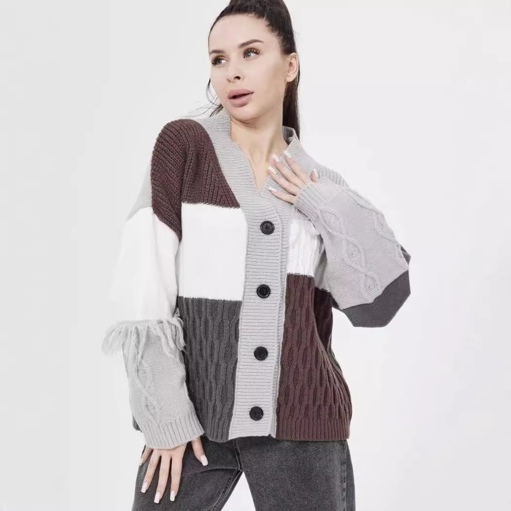 Damen Strickjacke mit modischem Blockstreifenmuster und klassischem Knopfverschluss Sovae