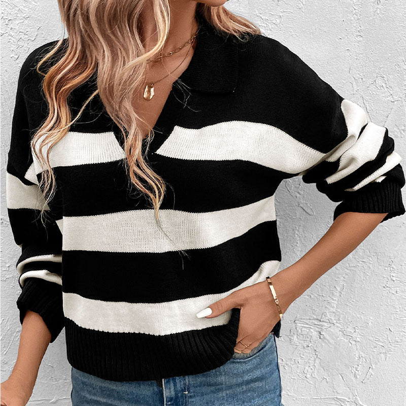 Damen Strickpullover mit V-Ausschnitt und Streifenmuster Sovae