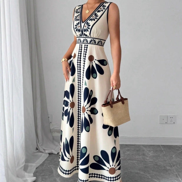 Damen Maxikleid mit voluminösem Blumenmuster und tiefem V-Ausschnitt Sovae