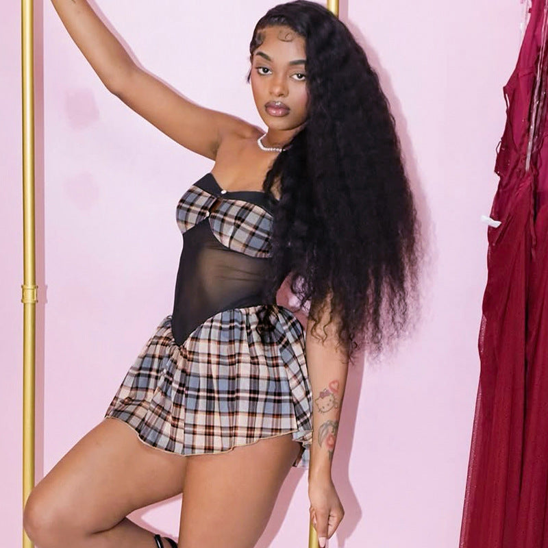 Damen luftiges Sommerkleid mit Karomuster und transparenten Einsätzen Sovae