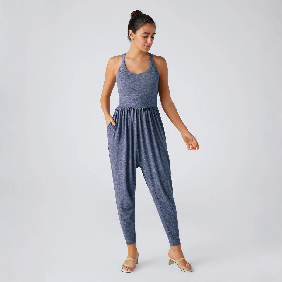 Damen lässiger Jumpsuit mit breiten Trägern und praktischen Taschen Sovae
