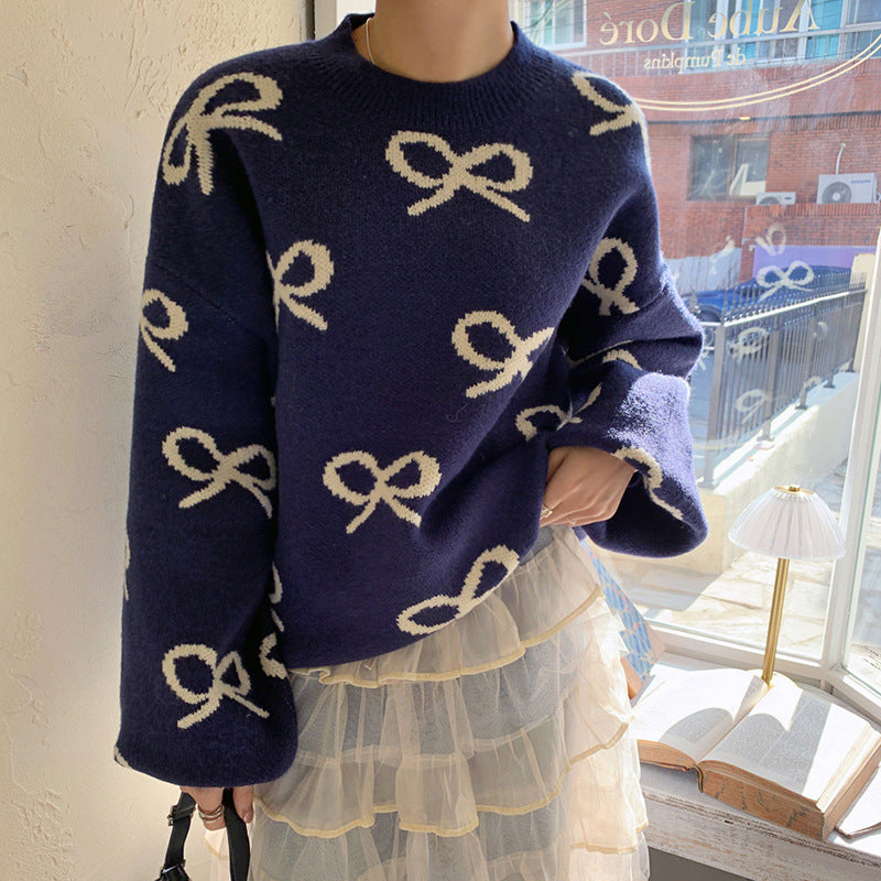 Damen Weicher Pullover mit romantischem Schleifenmuster Sovae