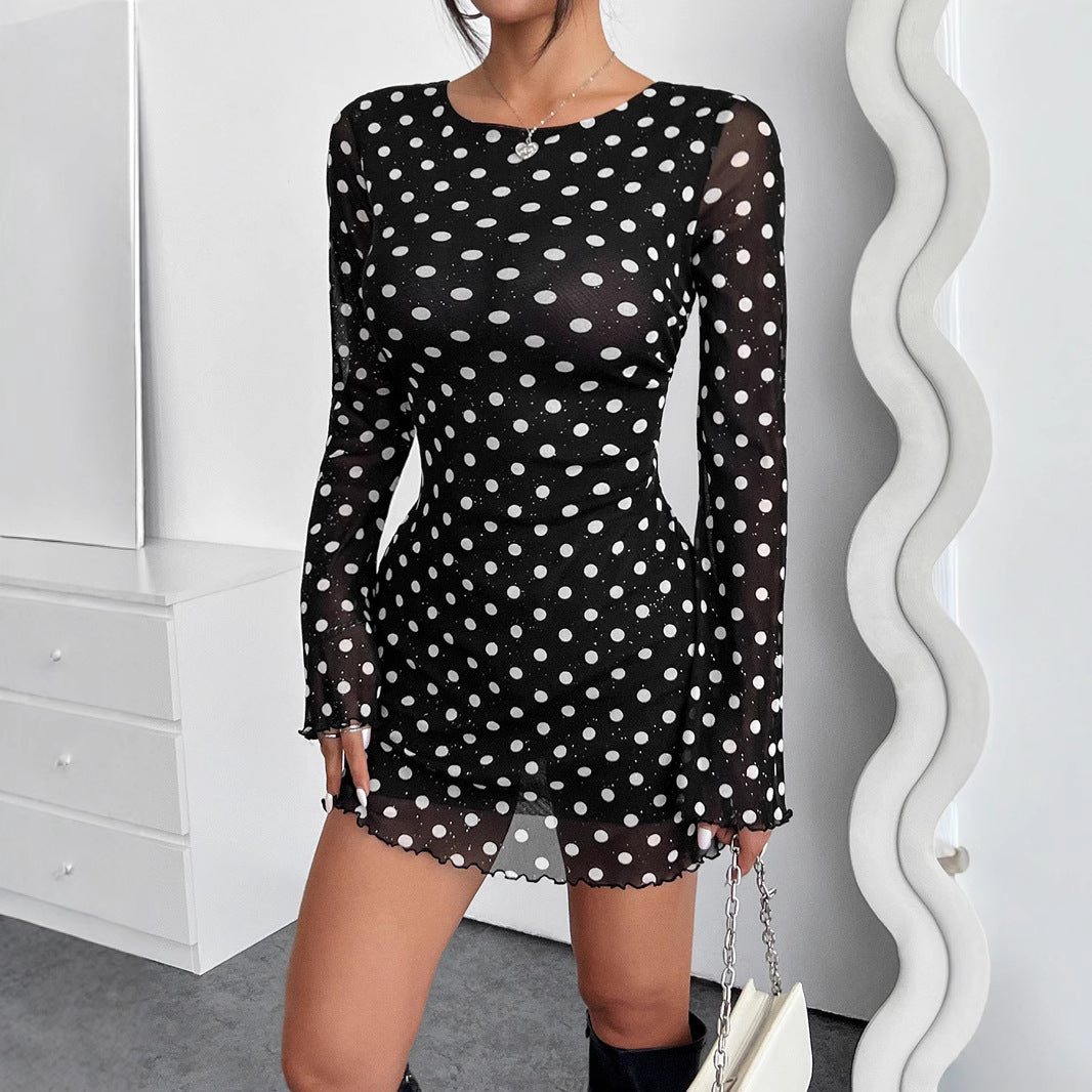 Damen Polka-Dots Minikleid mit langen Ärmeln Sovae