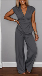 Damen elegantes Jumpsuit mit Wickeldesign und weitem Bein Sovae