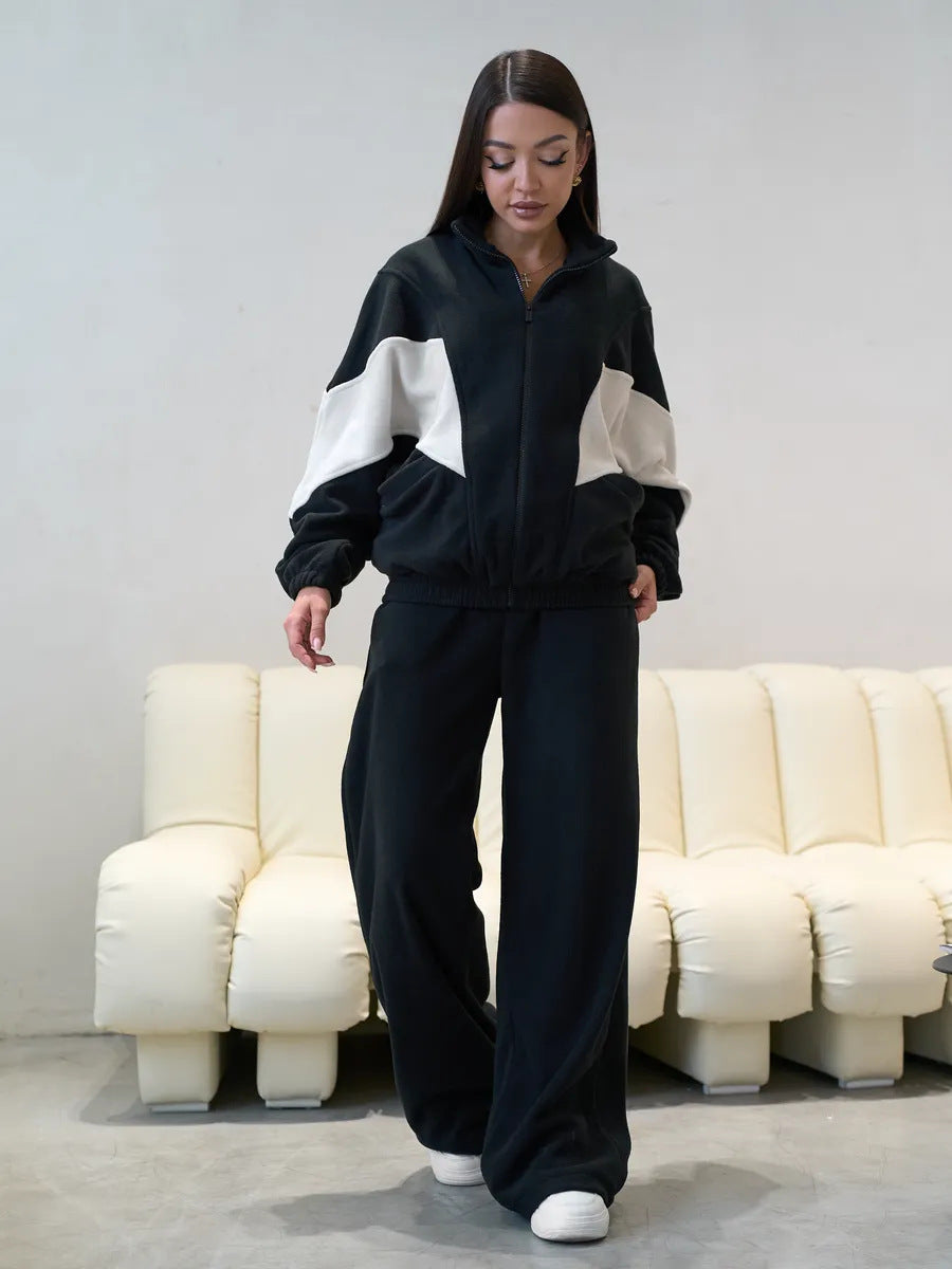Damen sportliches Fleece-Set mit hochgeschlossenem Kragen und weiten Hosen Sovae