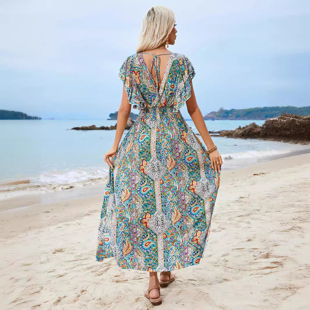 Damen Maxikleid mit verspieltem Mustermix und Rüschendetails Sovae