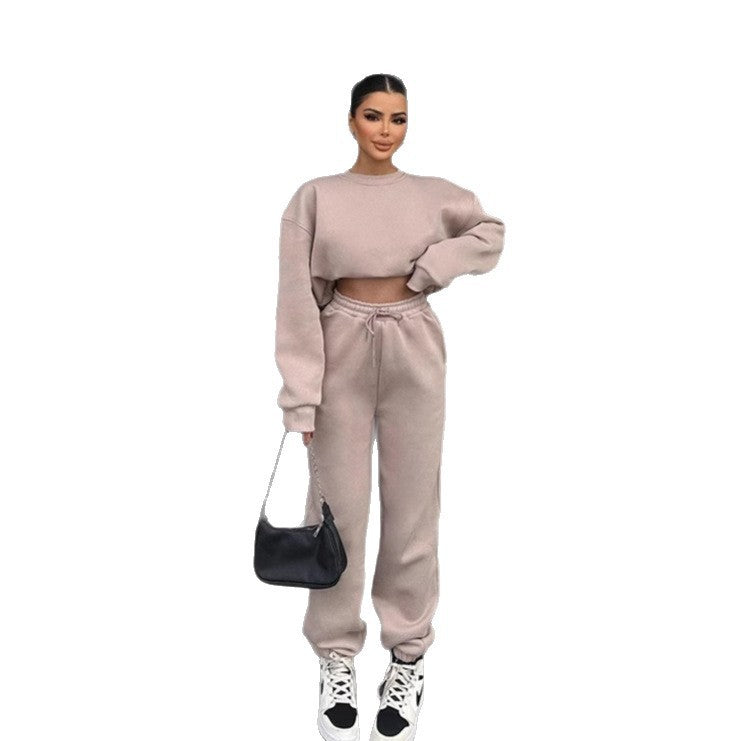 Damen elegantes und lässiges Zweiteiler-Set mit bequemem Cropped-Sweatshirt und weiten Jogginghosen Sovae