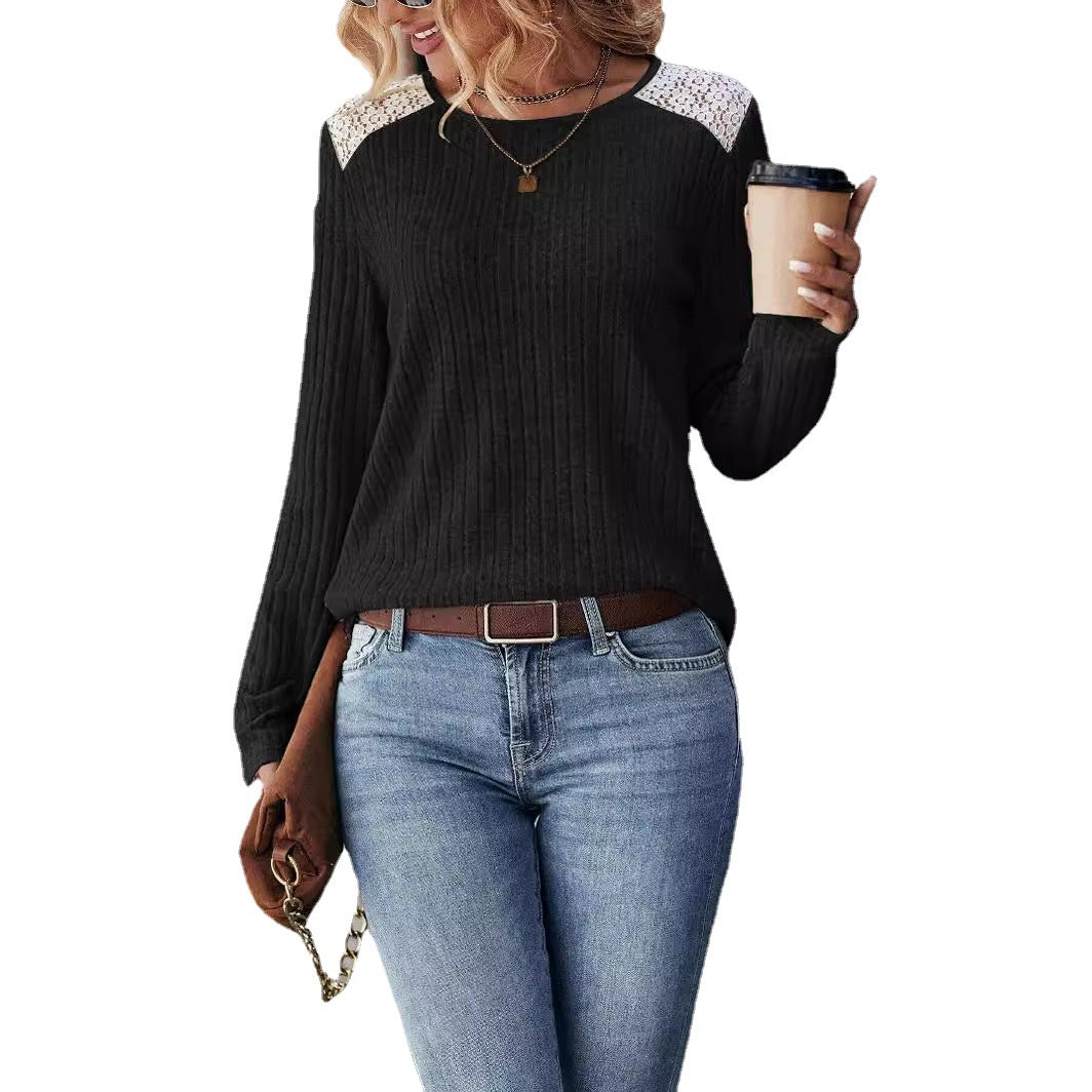 Damen lässiger Strickpullover mit romantischen Spitzendetails Sovae